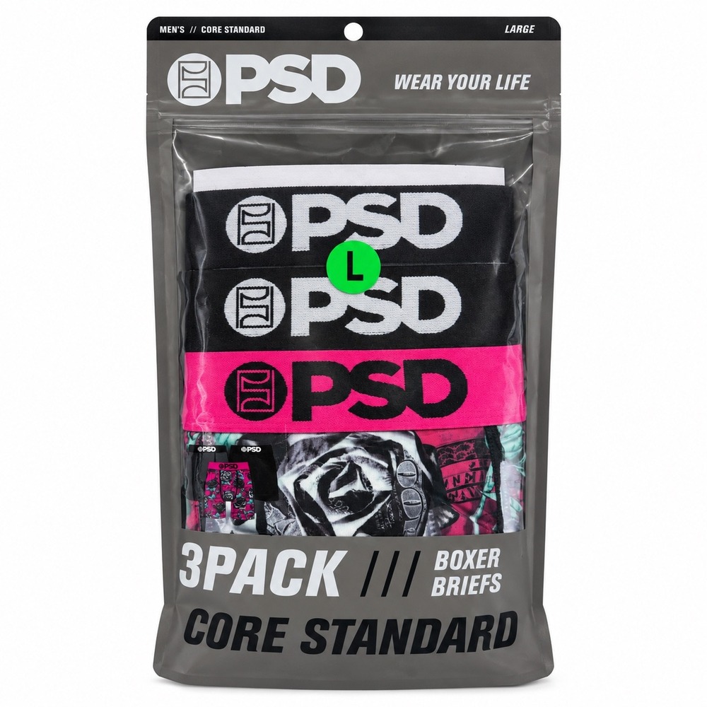 PSD Underwear Mens Core Standard Boxer Briefs 3-Pack Floral Rose Pink Black L